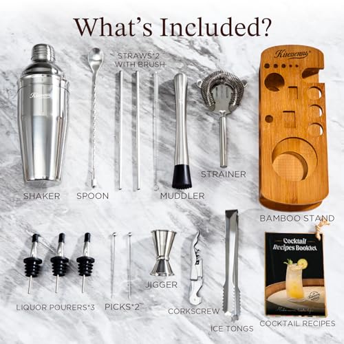 KITESSENSU 15-Piece Cocktail Shaker Set with Stand - Silver Bartender Kit