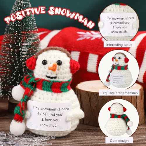Positive Snowman, Funny Knitted Snowman Inspirational Gift with Positive Card Cute Crochet Potato Positive Christmas Encouragement Crocheted Doll for Room Office Desktop Decoration
