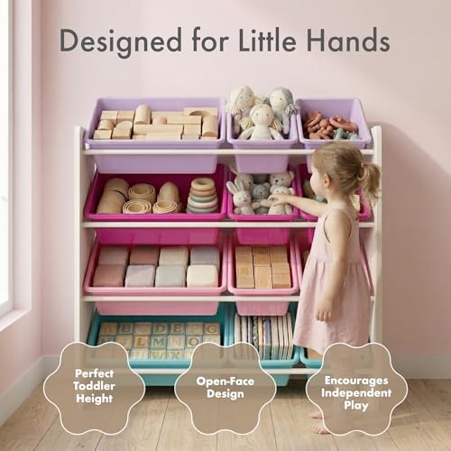 Kids Toy Organizer with 12 Bins - Tall White/Pink/Purple/Turquoise Storage Shelf