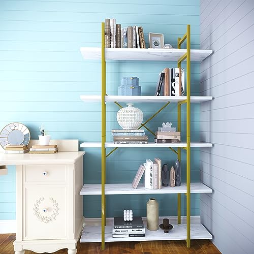 White Faux Marble 5-Tier Ladder Bookcase - Modern Open Shelving Unit for Home & Office