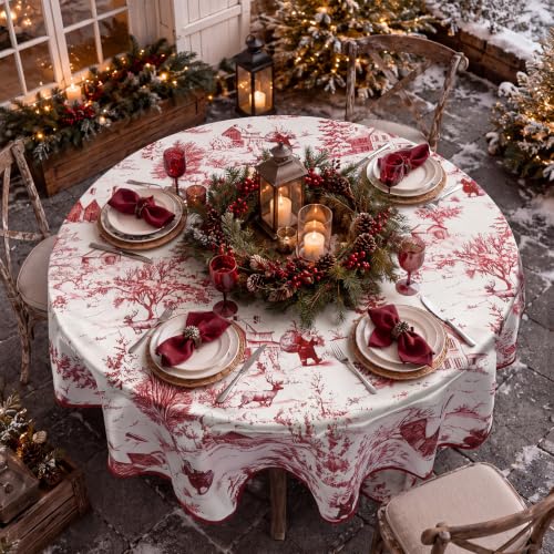 Tegeme 60'' Christmas Toile De Jouy Round Tablecloth Burgundy with Scalloped Edge - 60x60 Inch