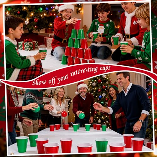 WELLIFE 50 Pack Christmas Red & Green Plastic Party Cups 12 oz - Disposable Water Cups for Holiday Events