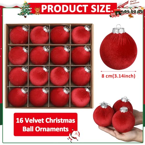Afniimyapt 3.14 inch Red Velvet Christmas Ornaments, 16 Pcs with Silver Lids and Ropes