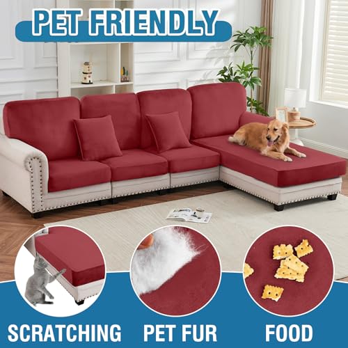 Taque Christmas Red 3-Piece Velvet Stretch Sofa Cushion Covers, Elastic Slipcovers for 21-24" Cushions