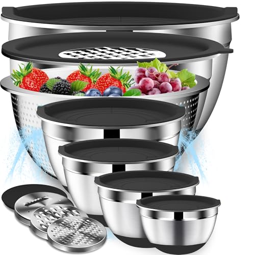 DUTZUN 16-Piece Stainless Steel Mixing Bowls Set with Lids & Colander - Non-Slip Base, 3 Graters, Nesting Design - Black