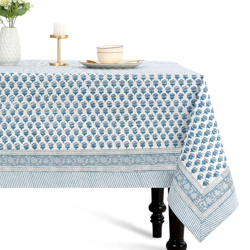 Apatite Blue Block Print Cotton Square Tablecloth 60x60 Inch - Handmade Indian Design