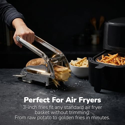 French Fry Cutter with 2 Blade Sizes - Commercial Stainless Steel Potato & Vegetable Slicer, Suction Base, Dishwasher Safe