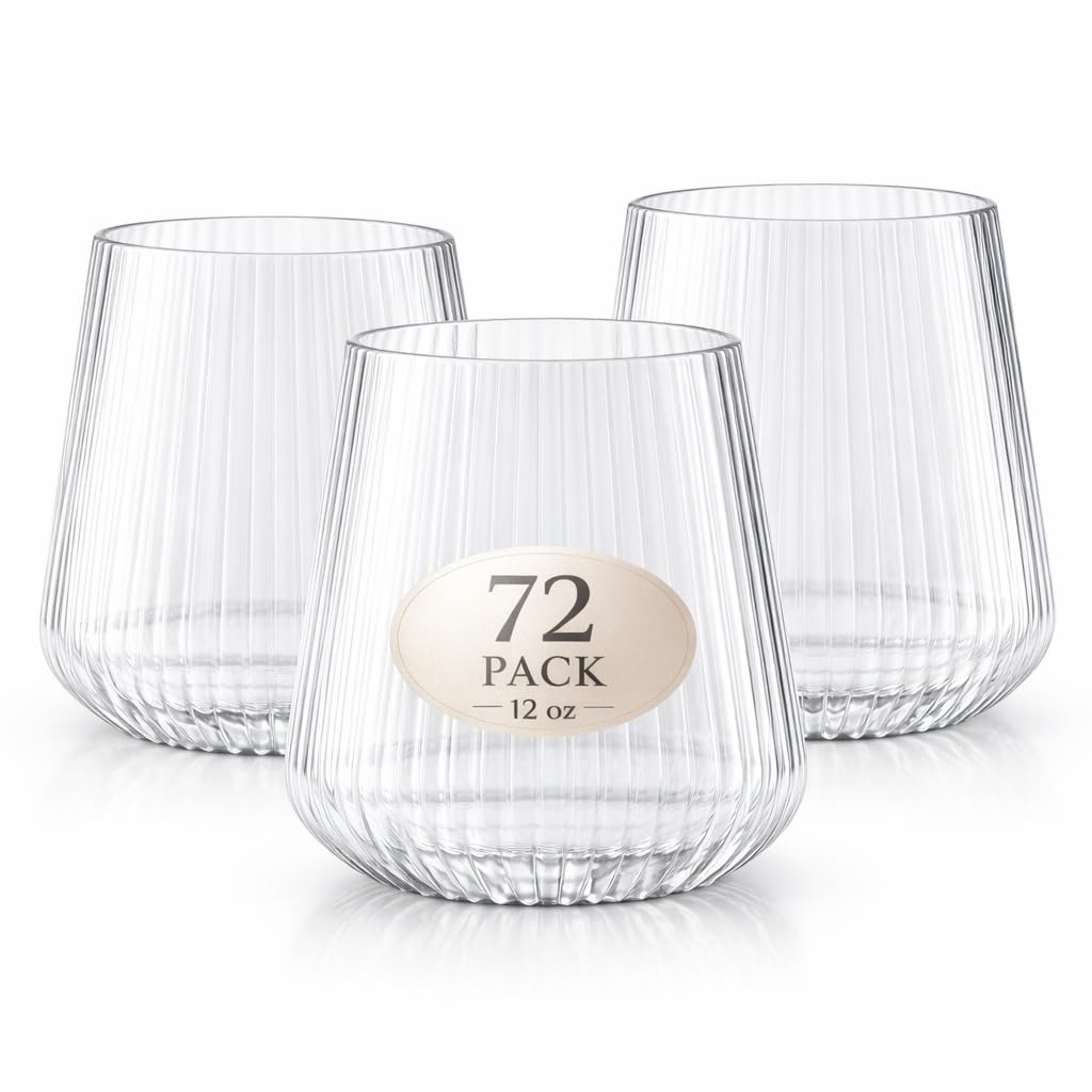 Lillian Clear Ribbed Stemless Plastic Wine Glasses, 12 oz – Elegant Shatterproof Disposable Wine Cups, Premium Hard Plastic Tumblers for Weddings, Parties & Special Events, 72 Pack
