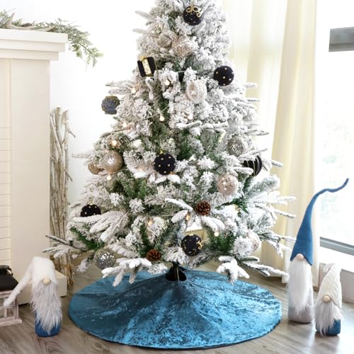 Bunny Chorus Peacock Blue Velvet Christmas Tree Skirt 36 Inch Luxury Holiday Decor