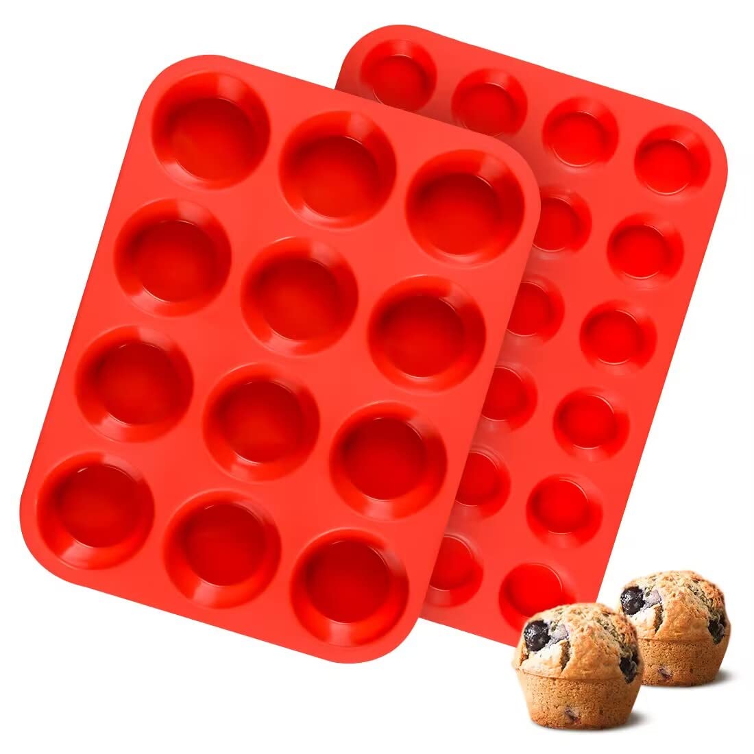 Silicone Muffin Pan, Mini Muffin Pan, Regular 12 Cups and Mini 24 Cups Cupcake Tin Set of 2 for Baking Egg Bites