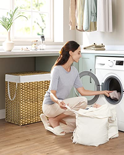 SONGMICS Natural 110L Double Wicker Laundry Hamper with Lid & 6 Mesh Bags