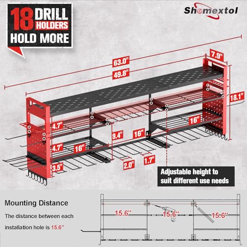 Red 49.8-inch Power Tool Organizer Wall Mount for 18 Cordless Drills - 4 Layers