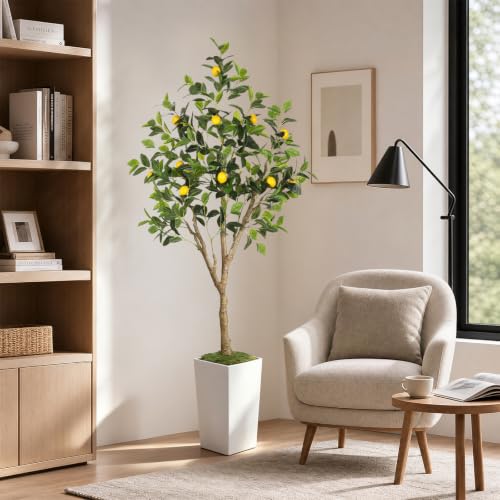6FT Artificial Lemon Tree with White Tall Planter - Realistic Faux Indoor Outdoor Decor