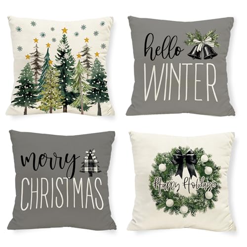 Christmas Forest Throw Pillow Covers Set 18x18 Inch - Pack of 4 - Holiday Home Decor