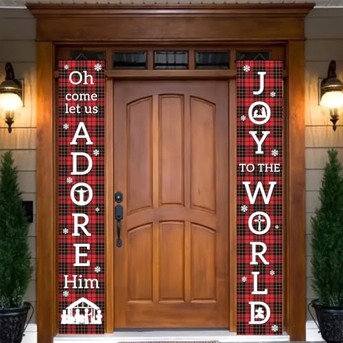 BlissYard Joy To The World Holiday Door Banner - Red & Black Plaid, Snowflake Pattern, Vertical 71x12 Inch - Variation Joy 1