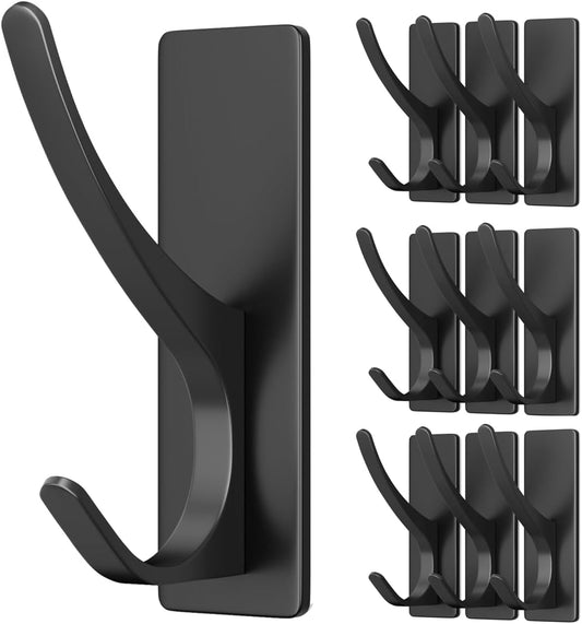 Pickpiff 10 Pack Matt Black Self-Adhesive Coat Hooks - 13LB Extra Strong Metal Hangers for Bathroom, Kitchen, and More