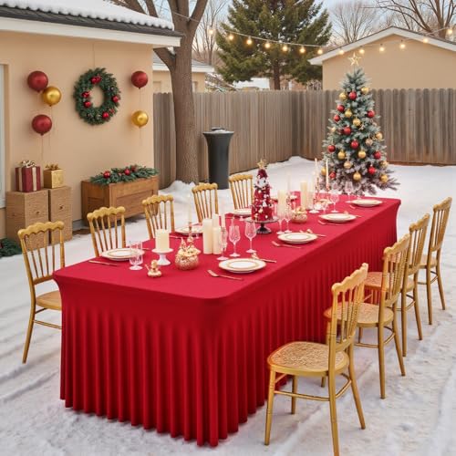 Red Spandex Tablecloth with Skirt for 6FT Tables – Wrinkle-Free,