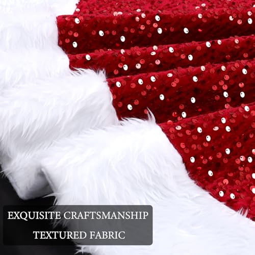 Dremisland 48-inch Red Sequin Christmas Tree Skirt with Faux Fur - Holiday Decor