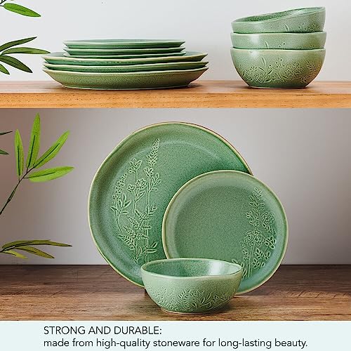12-Piece Dinnerware Set Service for 4 - Green Floral Stoneware