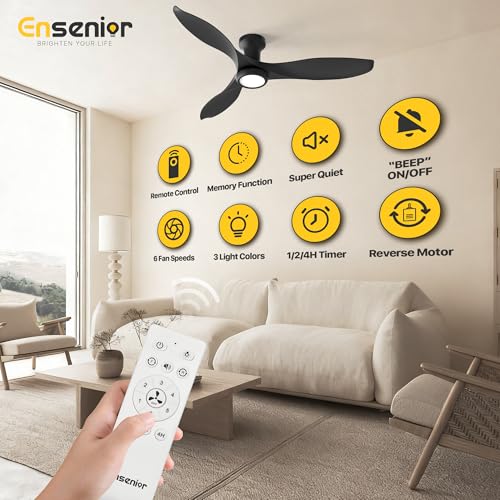 Ensenior 52 Inch Black Flush Mount Ceiling Fan with Lights & Remote
