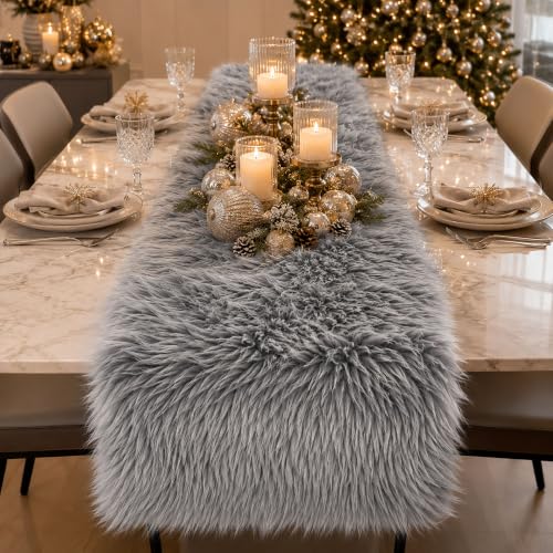 Gray Faux Fur Table Runner Winter Holiday Decor 11.8 x 70.8 Inch