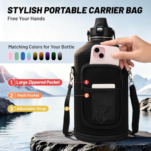 Premium Black 1 Gallon Insulated Water Bottle Leak Proof with Carrier Bag