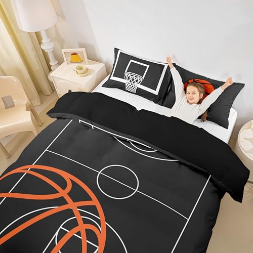 Castle Fairy Cyjs3028 Full Size Basketball Court Print Comforter Cover Set with 2 Pillowcases (No Comforter) – Orange Hoop Bedding