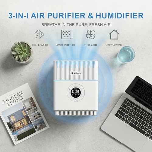 Goldtech Air Purifier and Humidifier Combo APP - H13 HEPA Filter for Bedroom & Office