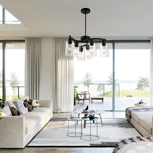 Black 6-Light Modern Farmhouse Pendant Chandelier - Adjustable Height Kitchen Lighting