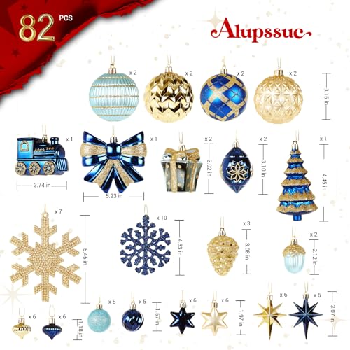 82pc Shatterproof Christmas Ball Ornaments Set in Blue & Gold with Hanging Strings