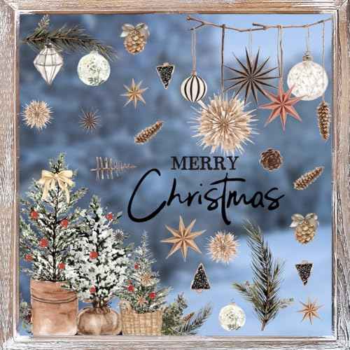 Horaldaily 45 PCS Christmas Window Cling Sticker, Brown Xmas Trees Ball Ornaments for Home Party Supplies Shop Window Glass Display Decoration