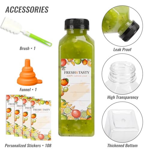 TOMNK 100 Pack 16 Oz Plastic Juice Bottles with Caps, Labels & Brush - Reusable Beverage Bottles