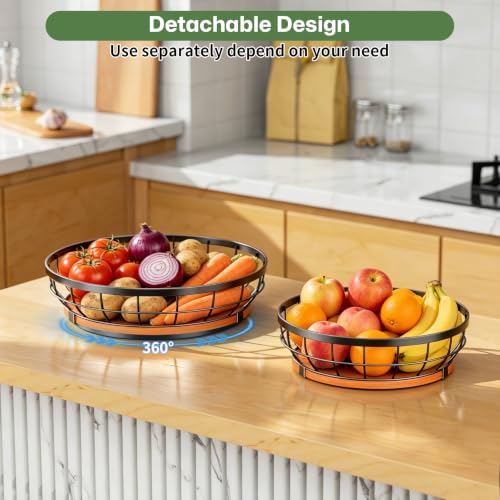 Rotating 2-Tier Fruit Basket with Wood Base and Banana Hooks - Space Saving Kitchen Organizer