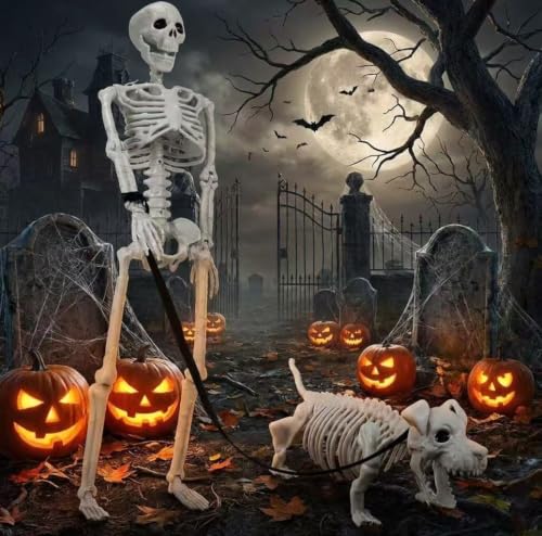 White Human Skeleton & Dog Halloween Decorations Outdoor Indoor - Posable & Weather-Resistant