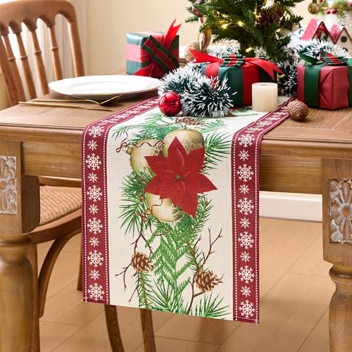 SITUMEIZI Poinsettia Christmas Table Runner Red-White 13x72 Inch Snowflake Holiday Decor