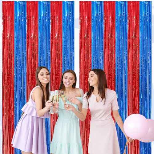 4 Pack Red and Blue Foil Fringe Curtains Photo Booth Prop Tinsel Streamer Backdrops, Birthday Party Decorations Graduation Bachelorette Bridal Wedding Baby Shower Party Supplies, 3.3x6.6 ft