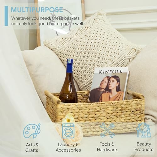 Large Water Hyacinth Wicker Storage Basket - Natural Home Organizer 15.5"L x 10.8"W x 6.2"H