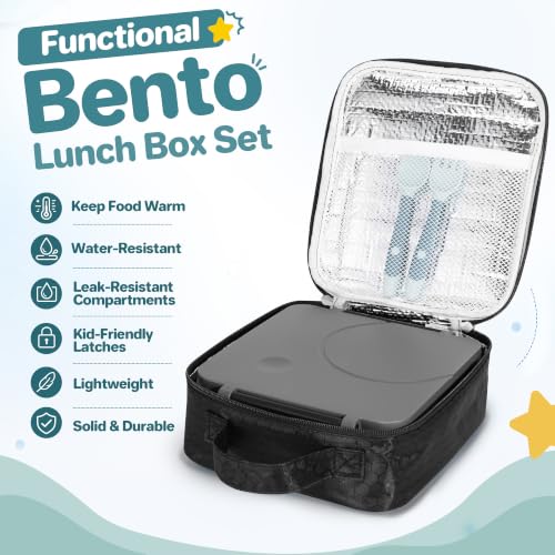 Kids Bento Lunch Box Set with 8oz Soup Thermo - Leak-Proof, 4-Compartment, Insulated Lunch Bag - Black