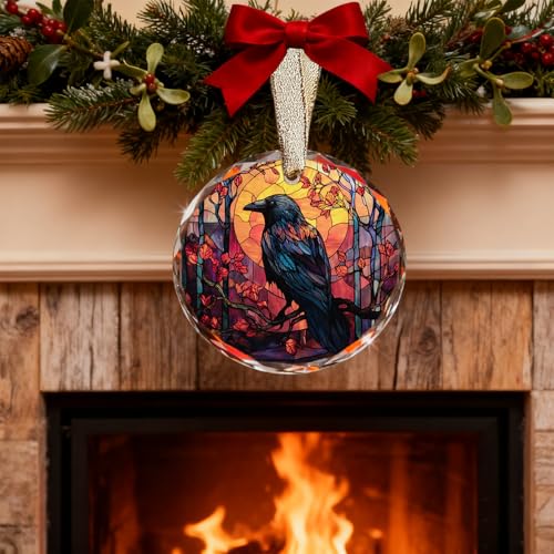 BitKan Gothic Crow Ornament for Christmas Tree (Bird004) – Raven Stained Glass Ceramic Holiday Decoration