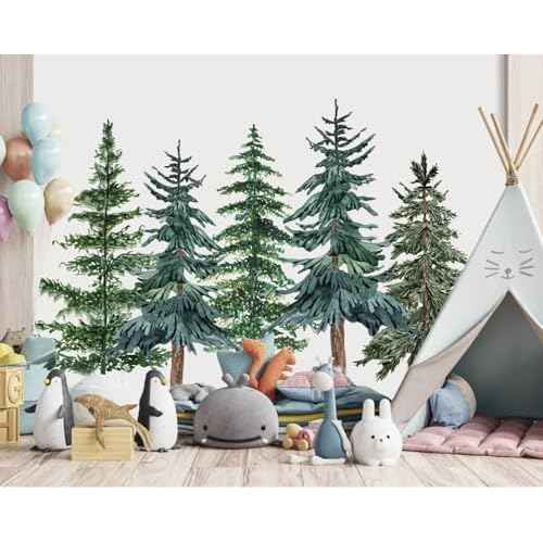 6 Rolls Christmas Watercolor Pine Tree Wall Stickers 35.4 x 71 Inch Forest Wall Decals Large Room Mural Stickers for Woodland Nursery Xmas Home Party Decor