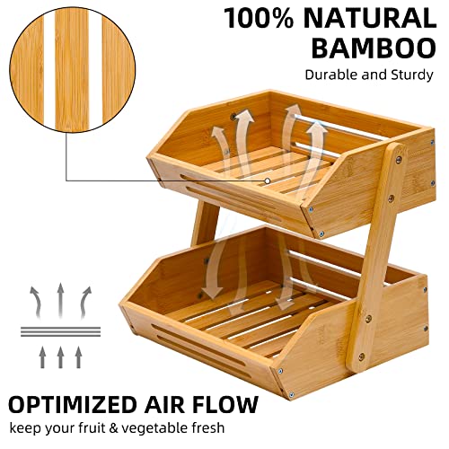 VIKEYHOME 2-Tier Natural Bamboo Fruit Basket Stand - 11" Countertop Organizer