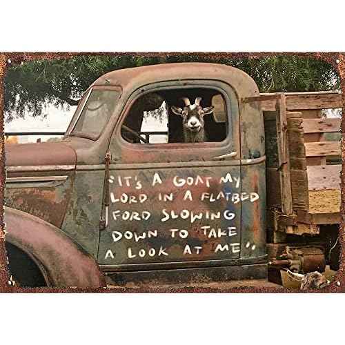 Funny Goat art print, Goat in a truck farmhouse wall art, Country home decor, Goat decor Farm animal, Rustic truck photo Vintage Decor Farm barn coop Home Wall Decoration Funny Metal Sign 5.5x8inch