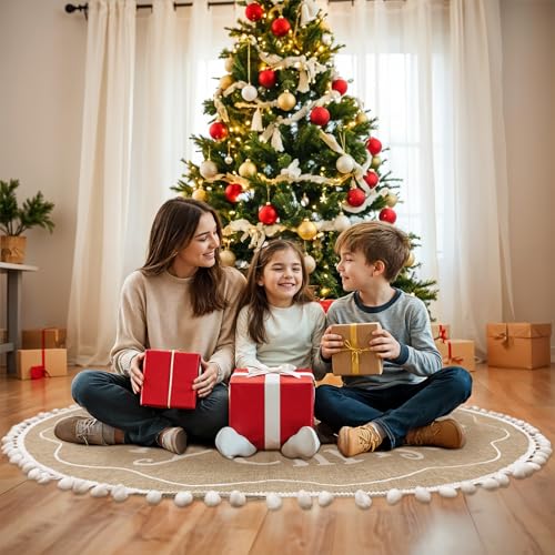 60 Inch Christmas Tree Skirt, Burlap Design with Snowflake Rustic