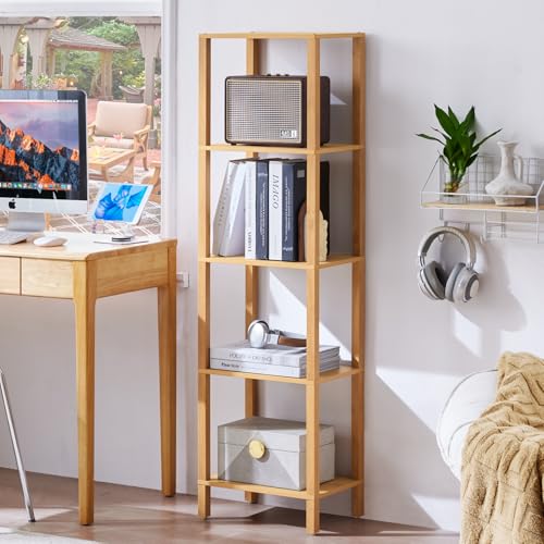 Natural 5-Tier Tall Narrow Bookshelf - Wooden Slim Bookcase for Home & Office