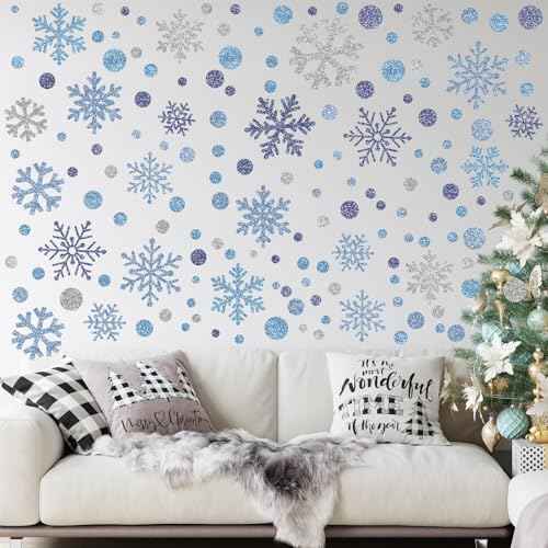 Zhanmai 200 Pcs/ 10 Sheets Christmas Snowflakes Wall Decals Window Clings Blue Silver Snowflake Stickers Peel and Stick Wall Ornament for Winter Removable Christmas Holiday Crafts Supplies