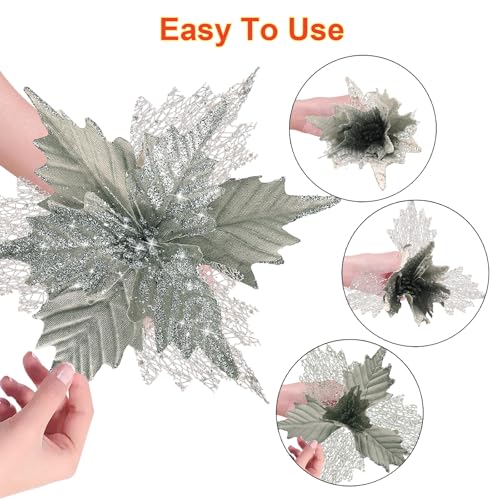 Stadeco Silver 10-Inch Christmas Glitter Poinsettia Flowers Decorations, 10 Pcs