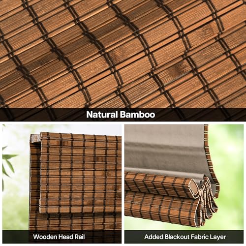 Blackout Bamboo Roman Shades - Penang Teak, 34x64, Cordless, Light Blocking