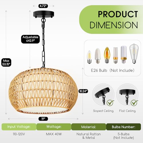 19-Inch Boho Rattan Chandelier 5-Light Farmhouse Pendant Light - Tadpole Jump