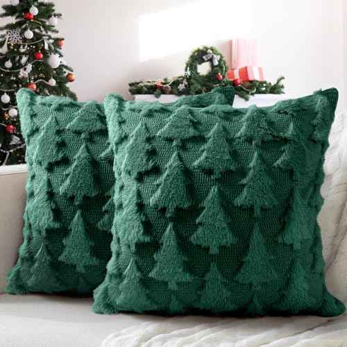 Christmas Pillow Covers 18x18 inch, Set of 2 Christmas Tree Decoration Soft Plush Faux Fur Throw Pillows Covers for Winter Holiday Festivals Bedroom Sofa Home Decor (Green)