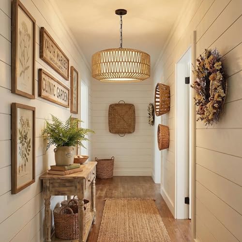 Bohemian 19-Inch Rattan Chandelier with 5 Lights - Farmhouse Dining Light Fixture